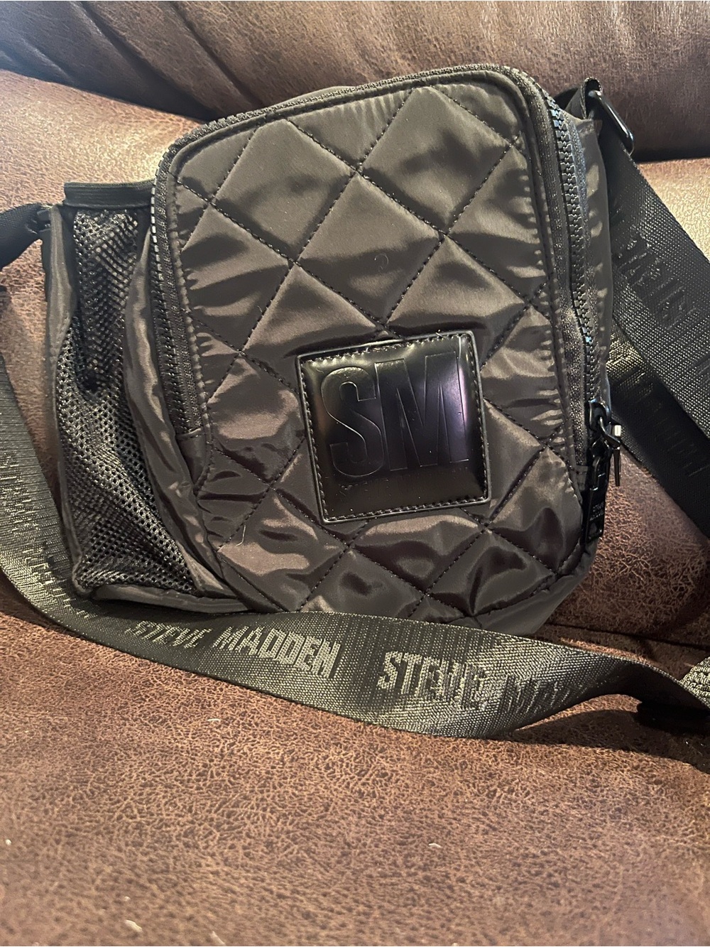 Steve Madden Black Quilted Crossbody Messenger Bag with Branded Strap
